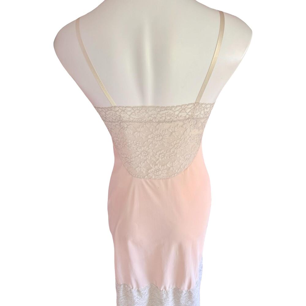 Vintage 60s Vanity Fair Blush Pink Nylon Tricot Slip Double Lace Bodice Hem  32 - Picture 8 of 11